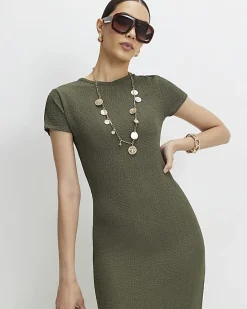Khaki Short Sleeve Textured Midi Dress