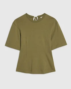 Khaki Short Sleeve Tie Back Seamed Top