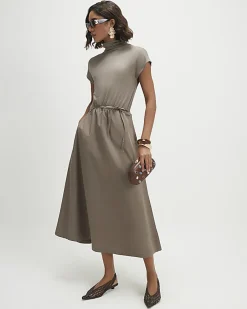 Khaki Short Sleeve Tie Waist Midi Dress