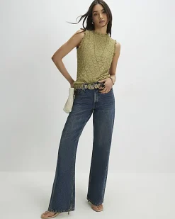 Khaki Sleeveless Lettuce Trim Textured Top