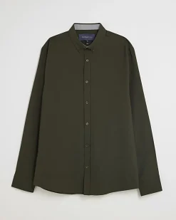 Khaki Textured Muscle Fit Long Sleeve Shirt
