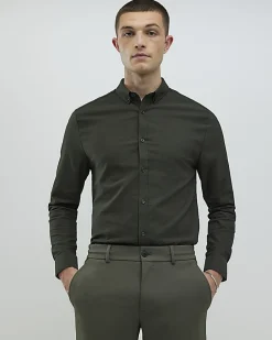 Khaki Textured Muscle Fit Long Sleeve Shirt
