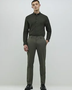 Khaki Textured Muscle Fit Long Sleeve Shirt