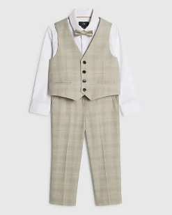 Mini Boys Beige Check Waistcoat 4 Piece Set
