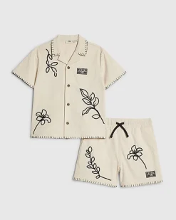 Mini Boys Beige Embroidered Swim Shorts Set