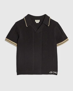 Mini Boys Black Textured Polo Shirt