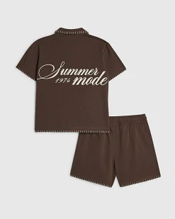Mini Boys Brown Embroidered Floral Swim Set