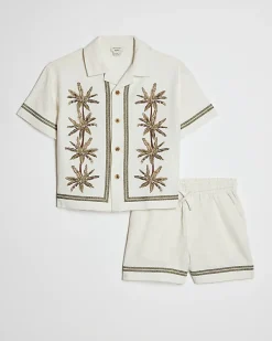 Mini Boys Cream Embroidered Palm Shirt Set