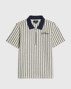 Mini Boys Navy Crochet Stripe Zip Polo Shirt