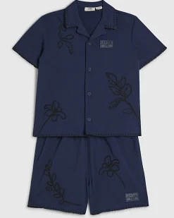 Mini Boys Navy Embroidered Floral Swim Set