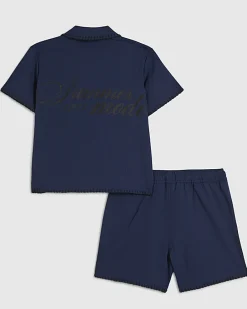 Mini Boys Navy Embroidered Floral Swim Set
