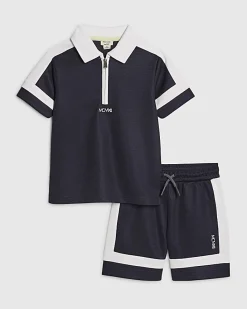 Mini Boys Navy Slim Blocked Polo Set