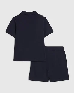 Mini Boys Navy Stripe Polo Shirt Set