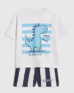Mini Boys White Dino Striped T-Shirt Set