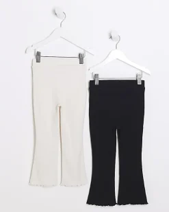 Mini girls black rib flare trousers 2 pack
