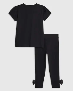 Mini Girls Black Satin Bow T-Shirt Set