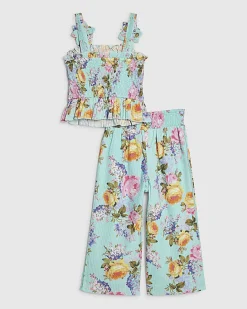 Mini Girls Blue Floral Cotton Trousers Set