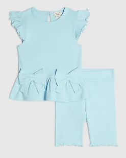 Mini Girls Blue Peplum Bow Rib Shorts Set