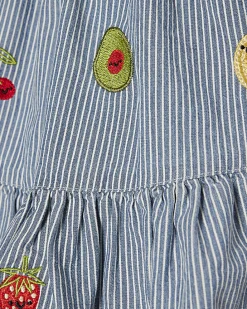 Mini Girls Blue Stripe Embroidered Bow Dress