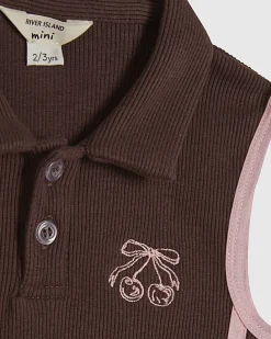 Mini Girls Brown Ribbed Polo Dress