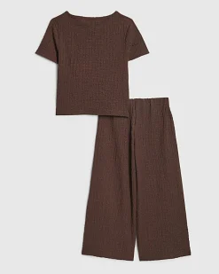Mini Girls Brown Textured Wide Leg Set