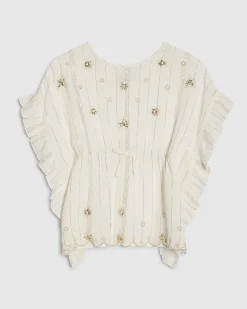 Mini Girls Cream Embroidered Sequin Kaftan