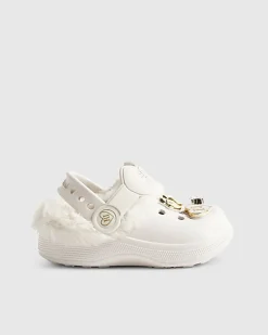 Mini Girls Cream Faux Fur Charm Clogs