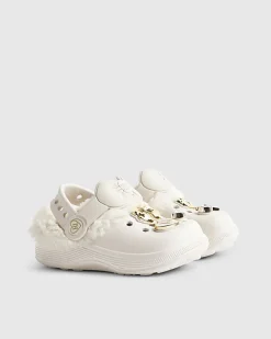 Mini Girls Cream Faux Fur Charm Clogs