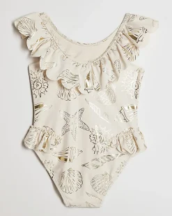 Mini Girls Cream Gold Foil Shell Swimsuit