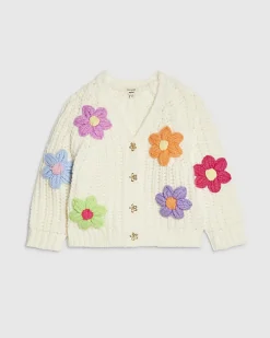 Mini Girls Cream Knitted Flower Cardigan