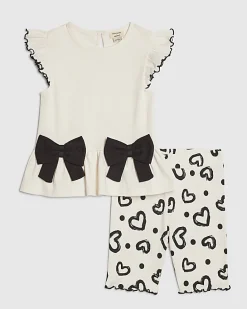 Mini Girls Cream Peplum Rib Heart Shorts Set