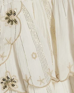 Mini Girls Cream Scalloped Sequin Beach Dress