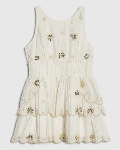 Mini Girls Cream Scalloped Sequin Beach Dress