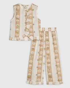 Mini Girls Cream Shell Stripe Trousers Set