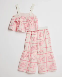 Mini Girls Cream Tiered Broderie Top Set