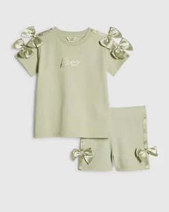 Mini Girls Green Satin Bow Cycling Shorts Set