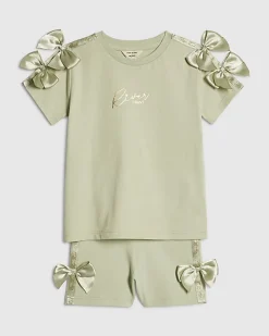 Mini Girls Green Satin Bow Cycling Shorts Set