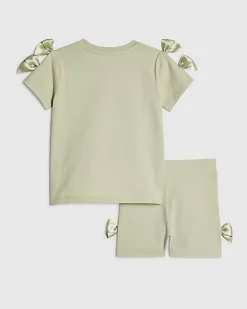 Mini Girls Green Satin Bow Cycling Shorts Set