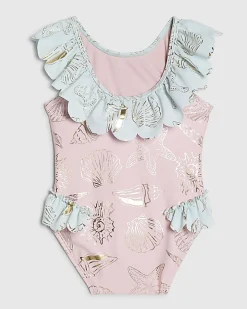 Mini Girls Pink Foiled Frill Swimsuit