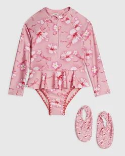 Mini Girls Pink Hibiscus Swimsuit & Shoe Set