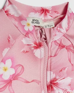 Mini Girls Pink Hibiscus Long Sleeve Swimsuit