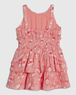 Mini Girls Pink Hibiscus Floral Bow Dress