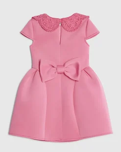 Mini Girls Pink Lace Collar Bow Back Dress