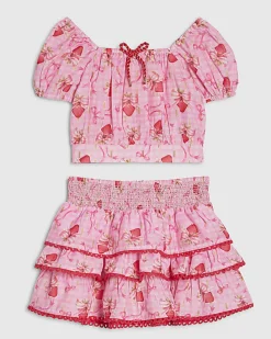 Mini Girls Pink Strawberry Bow Skirt Set