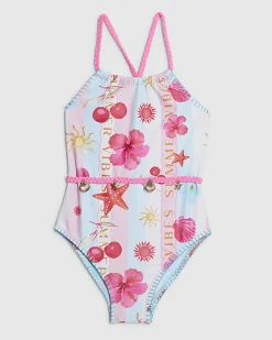 Mini Girls Pink Stripe Beach Print Swimsuit