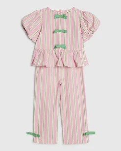 Mini Girls Pink Stripe Bow Wide Leg Set