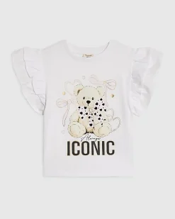 Mini Girls White Bear Frill Sleeve T-Shirt