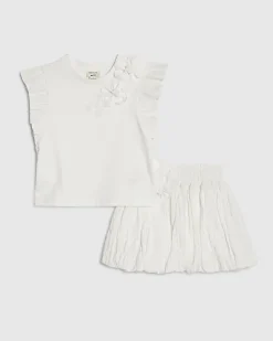 Mini Girls White Frill Sleeve T-Shirt Set