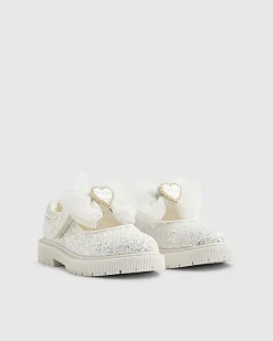 Mini Girls White Glitter Bow Mary Jane Shoes