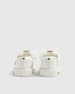 Mini Girls White Glitter Bow Mary Jane Shoes